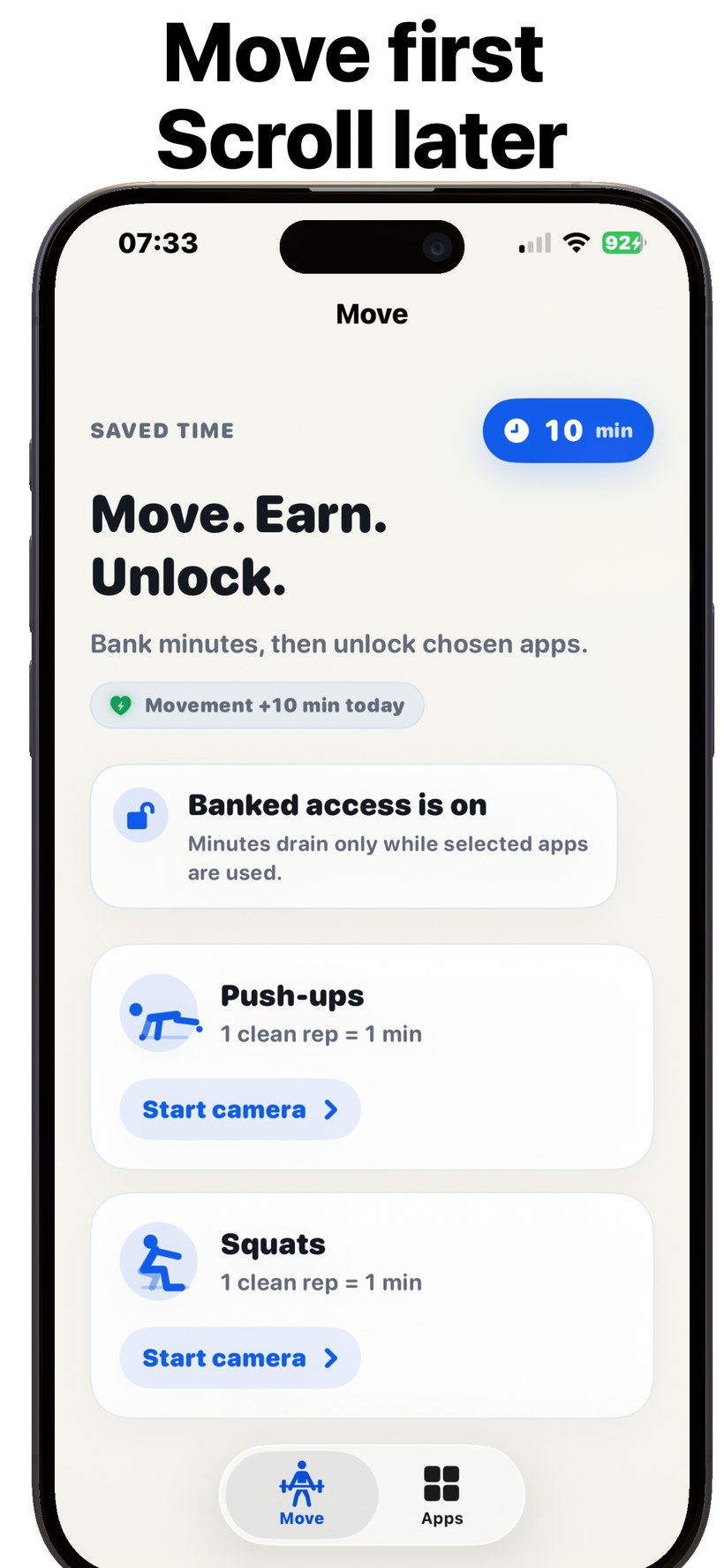 UnlocksMove Move screen showing 10 minutes saved, movement bonus, push-up and squat cards, and banked access.