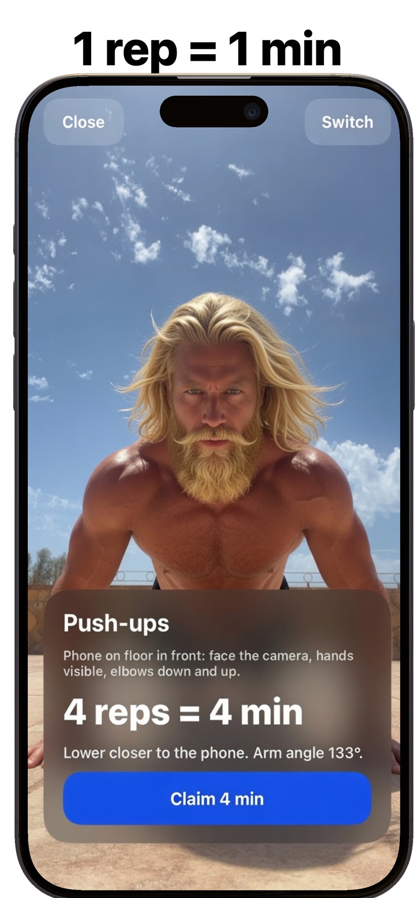 UnlocksMove camera screen showing push-up rep counting and Claim 4 minutes.
