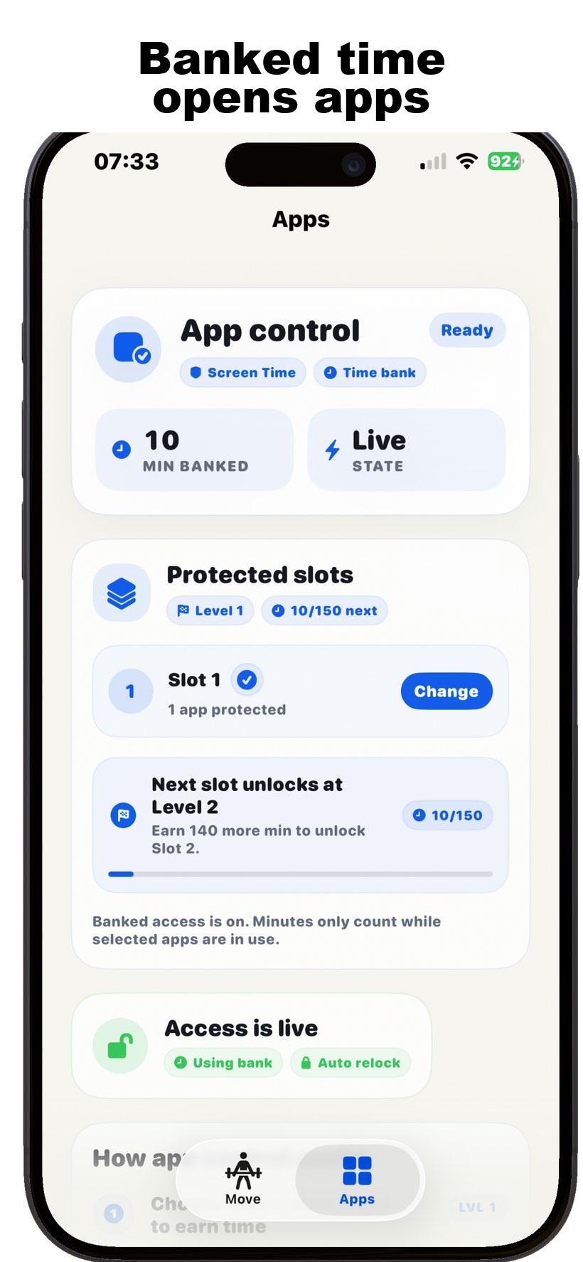 UnlocksMove Apps screen showing app control, protected slots, Level 1 progress, and active banked access.