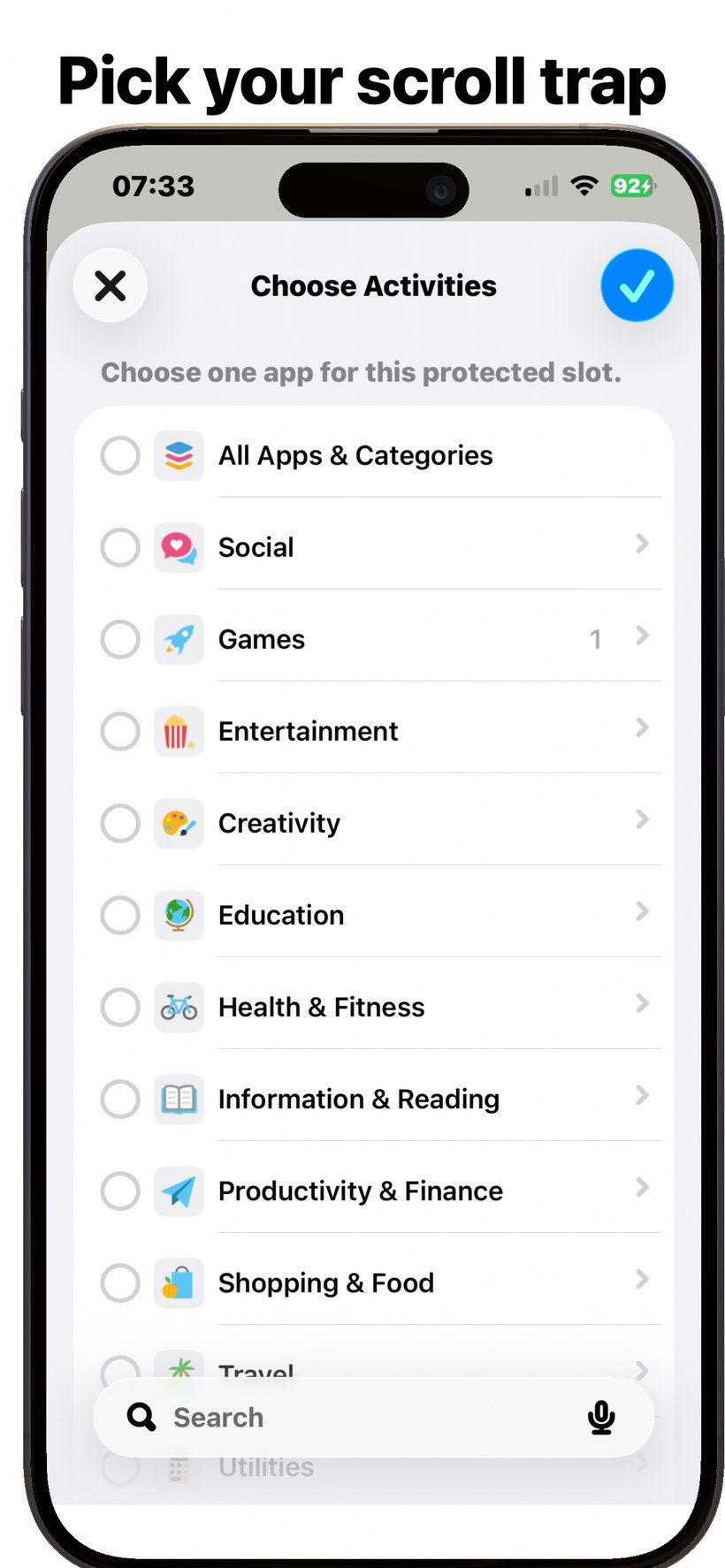 UnlocksMove screenshot captioned Pick your scroll trap, showing Apple Screen Time's Choose Activities picker.
